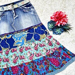 Skirt. Denim Blue Pink Multi Tiered Floral Pattern. Upcycled Girls Size 14 GUC